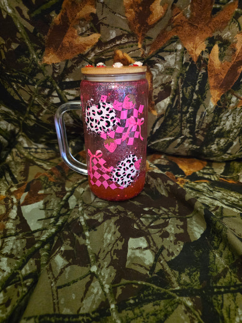 16 oz Glass Snow Globe Tumbler With Handle – Pink Coquette Leopard Print Cup