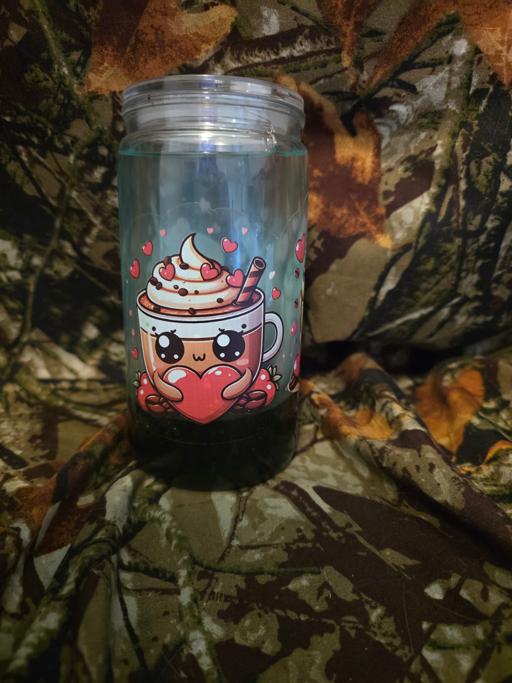 16 oz Plastic Snow Globe Tumbler – Cute Coffee & Hearts Design