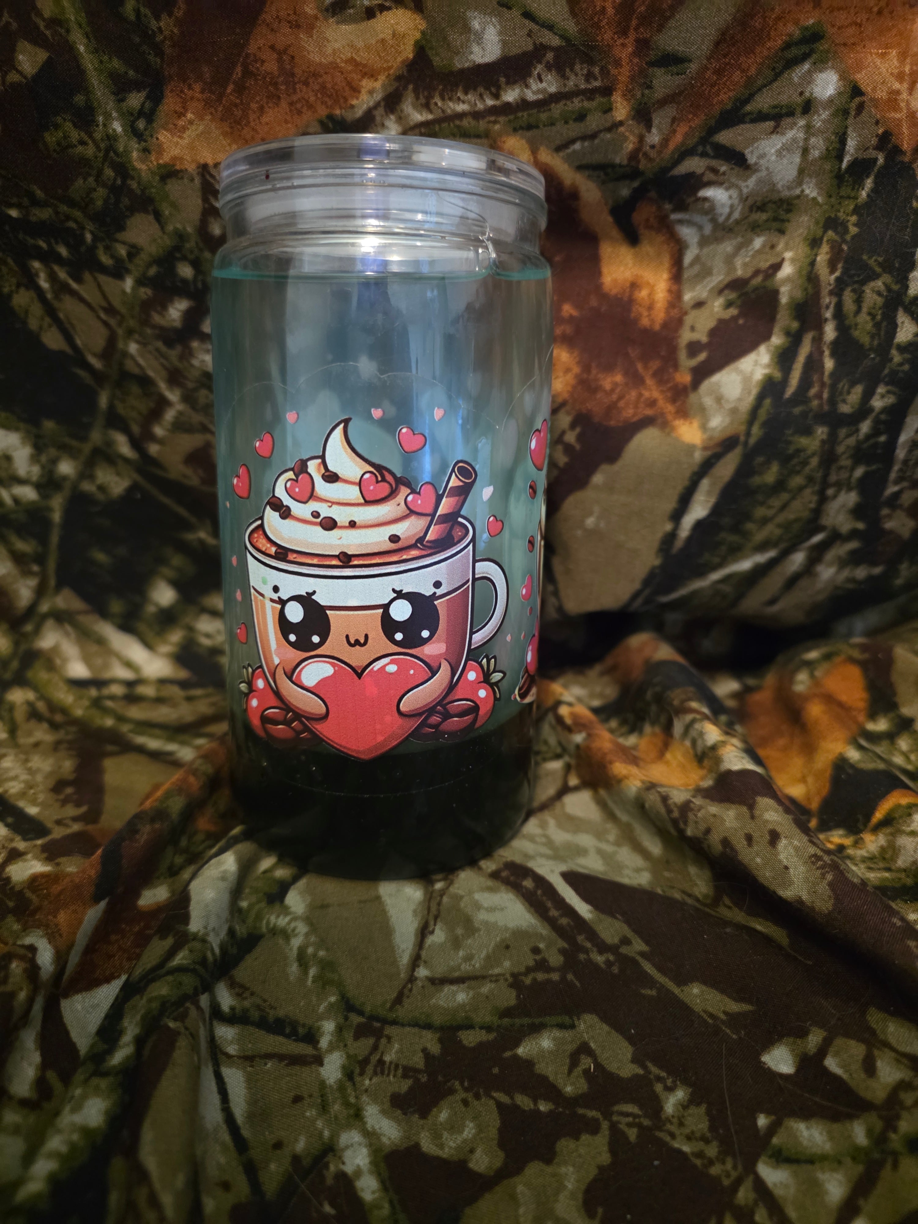 16 oz Plastic Snow Globe Tumbler – Cute Coffee & Hearts Design
