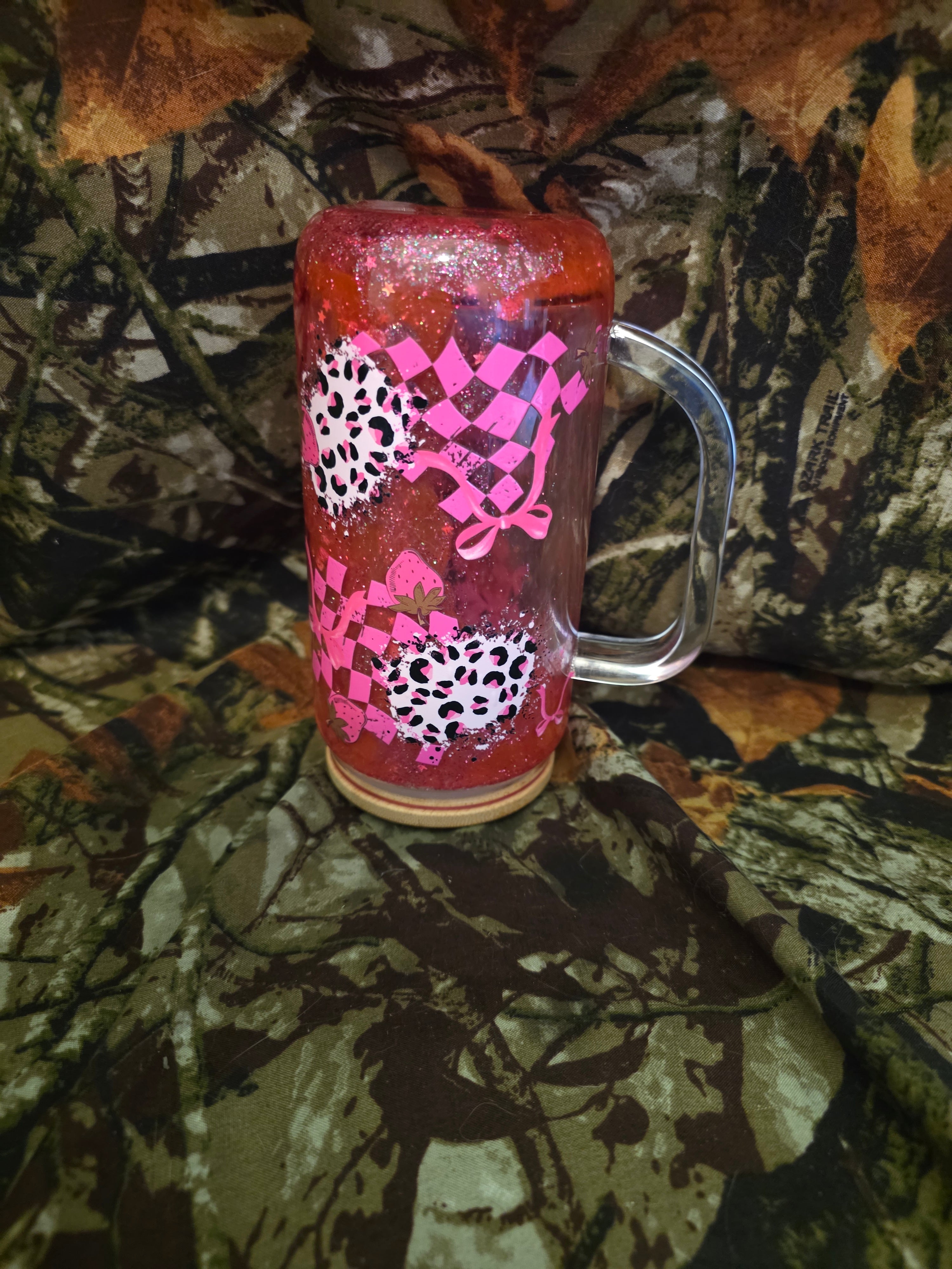 16 oz Glass Snow Globe Tumbler With Handle – Pink Coquette Leopard Print Cup