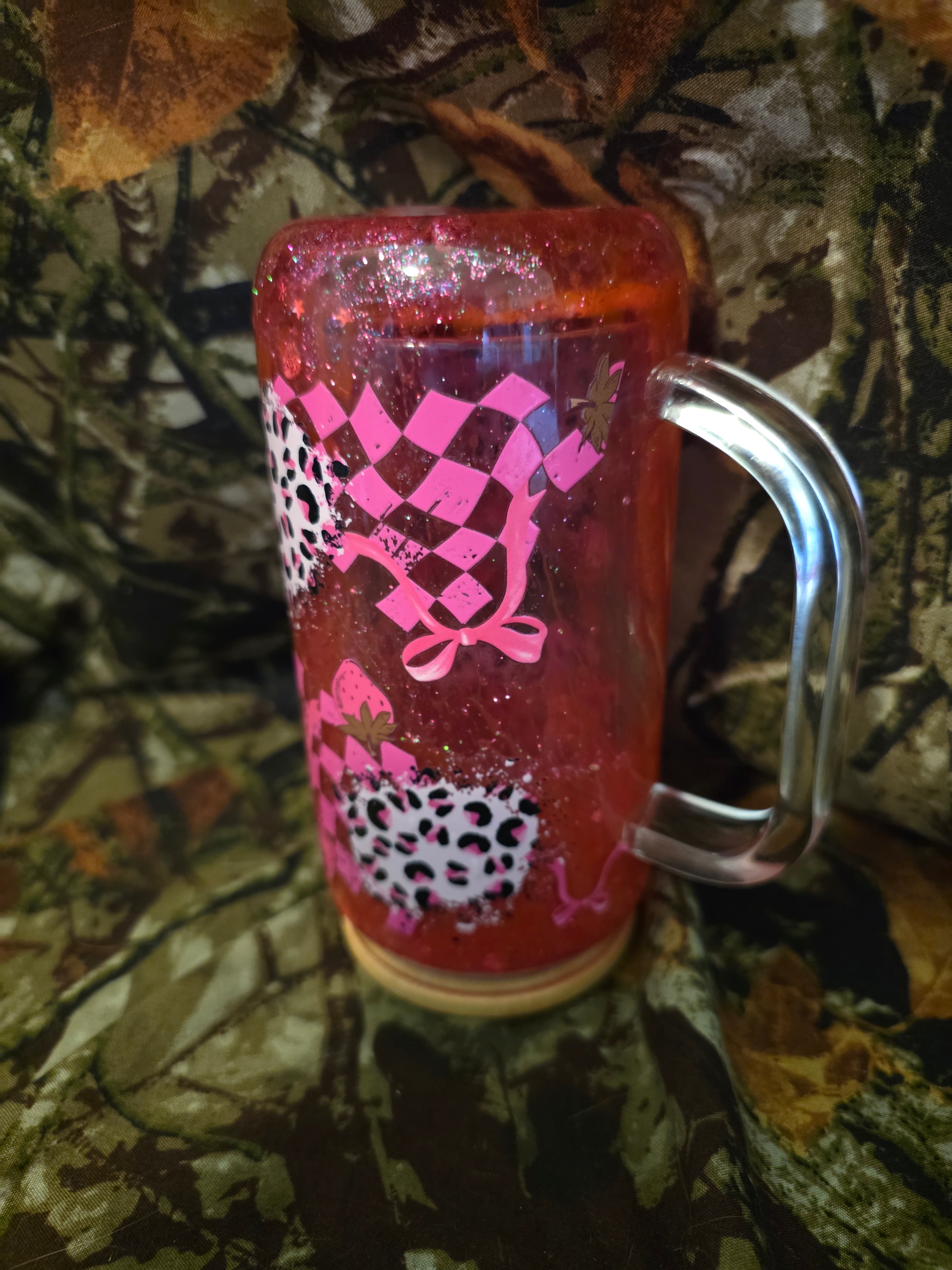16 oz Glass Snow Globe Tumbler With Handle – Pink Coquette Leopard Print Cup