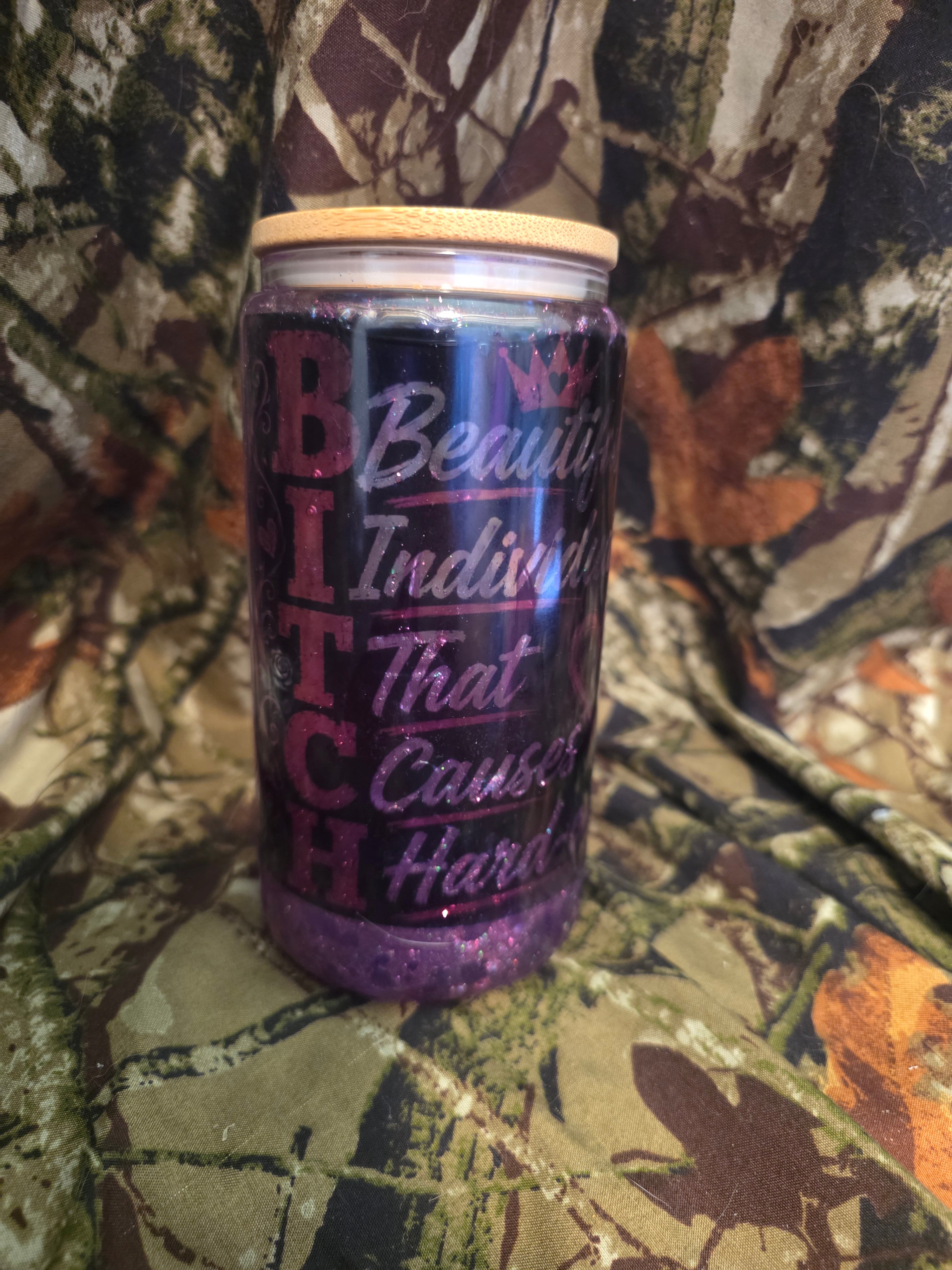 Purple Glitter B.I.T.C.H. Snow Globe Glass Tumbler with Straw