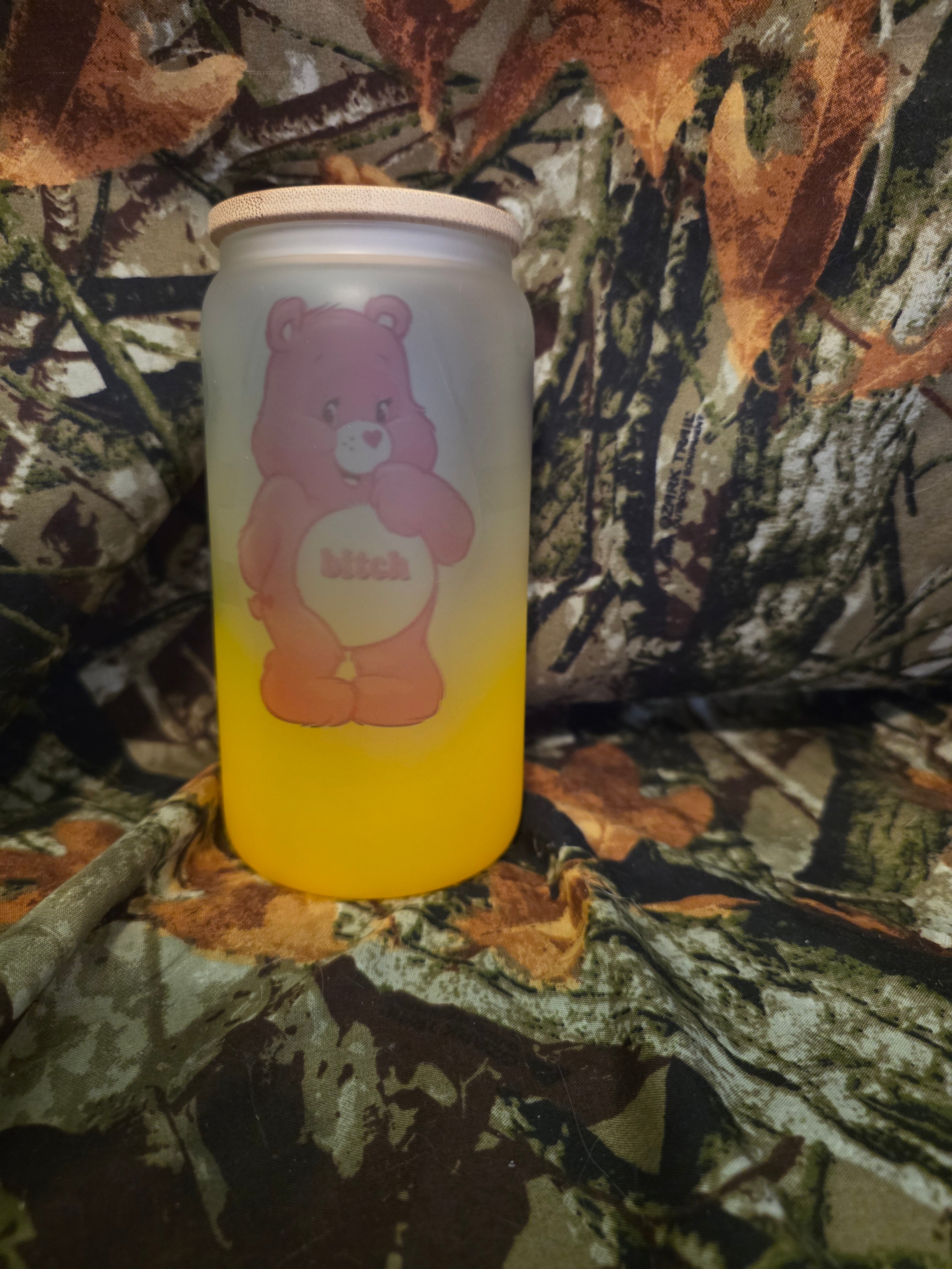 16 oz Frosted Glass Can Tumbler – Funny Care Bear Adult Humor Cup