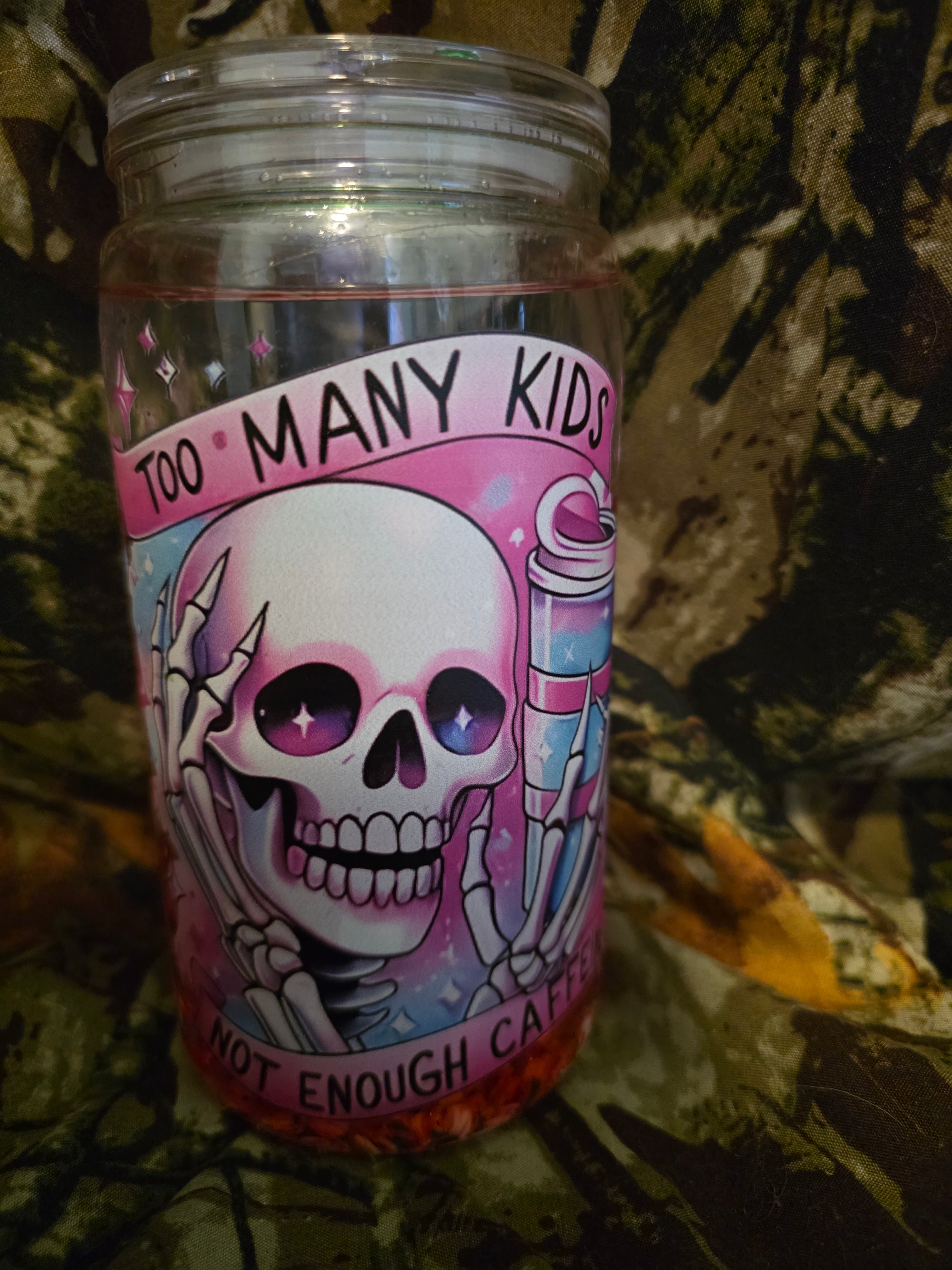 16 oz Plastic Snow Globe Tumbler – Too Many Kids Not Enough Caffeine Design