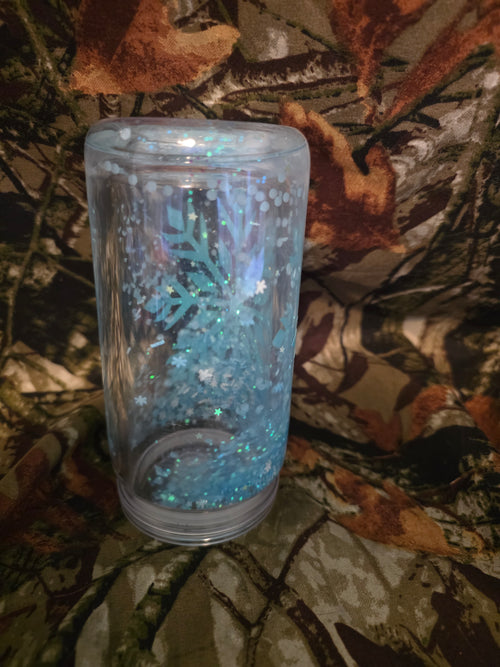 16 oz Plastic Snow Globe Tumbler – Blue Snowflake Winter Cup