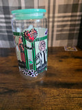 16 oz Glass Can Cup – Ghostly Black & White Halloween Inspired Design – Bamboo Lid & Glass Straw