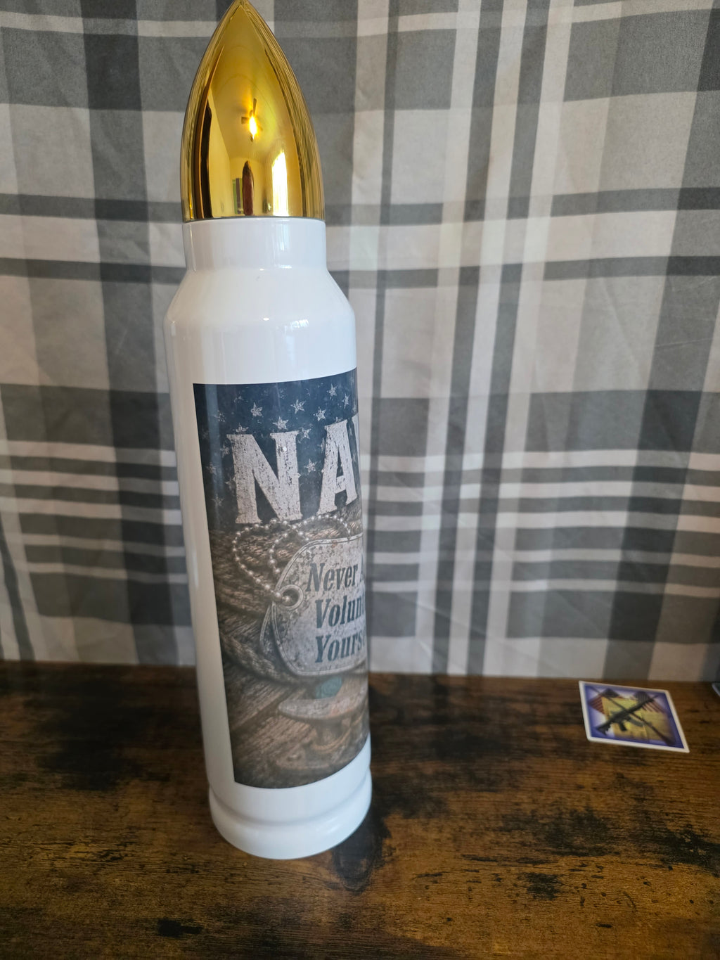 Navy "Never Again Volunteer Yourself" 32 oz Bullet Thermos – Dog Tag Edition