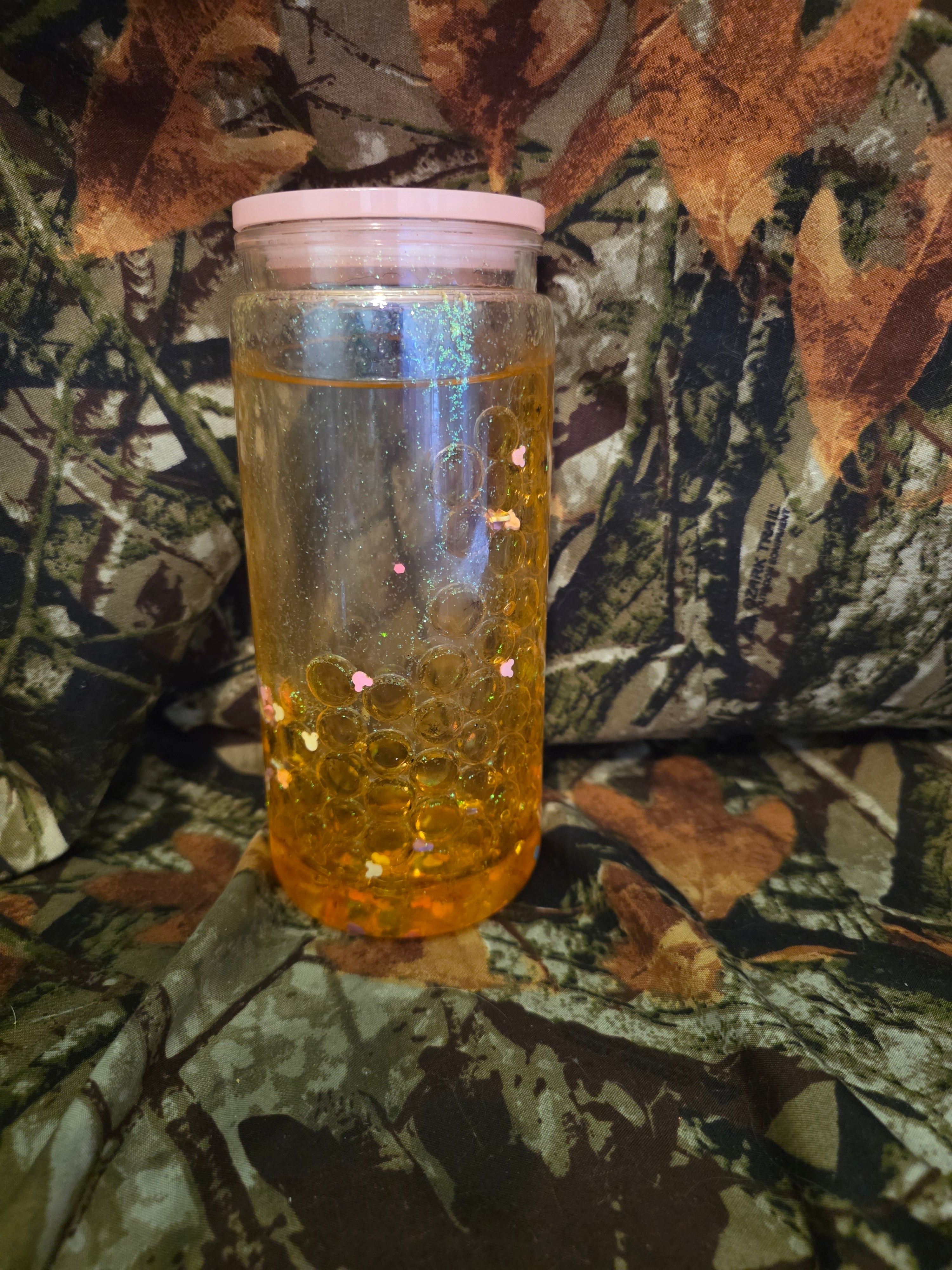 20 oz Plastic Snow Globe Tumbler – Peach Bubble Glitter Cup