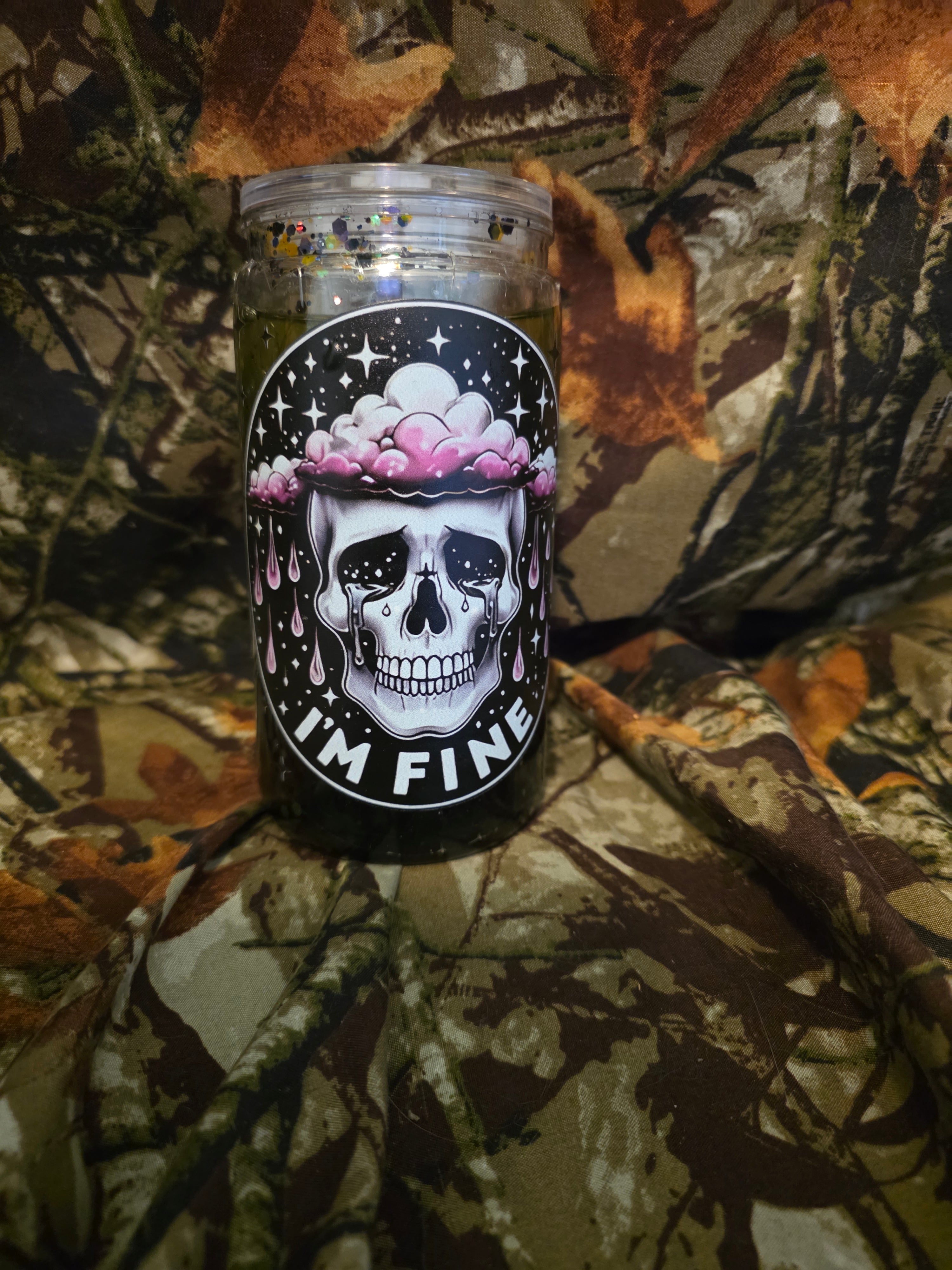 16 oz Plastic Snow Globe Tumbler – “I’m Fine” Skeleton Design