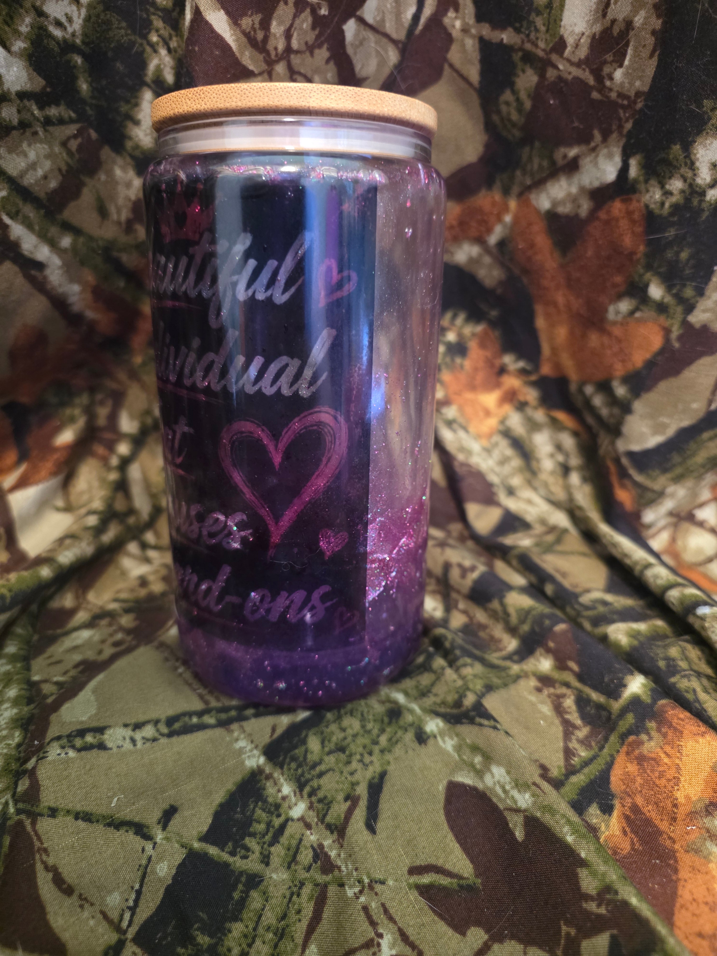 Purple Glitter B.I.T.C.H. Snow Globe Glass Tumbler with Straw