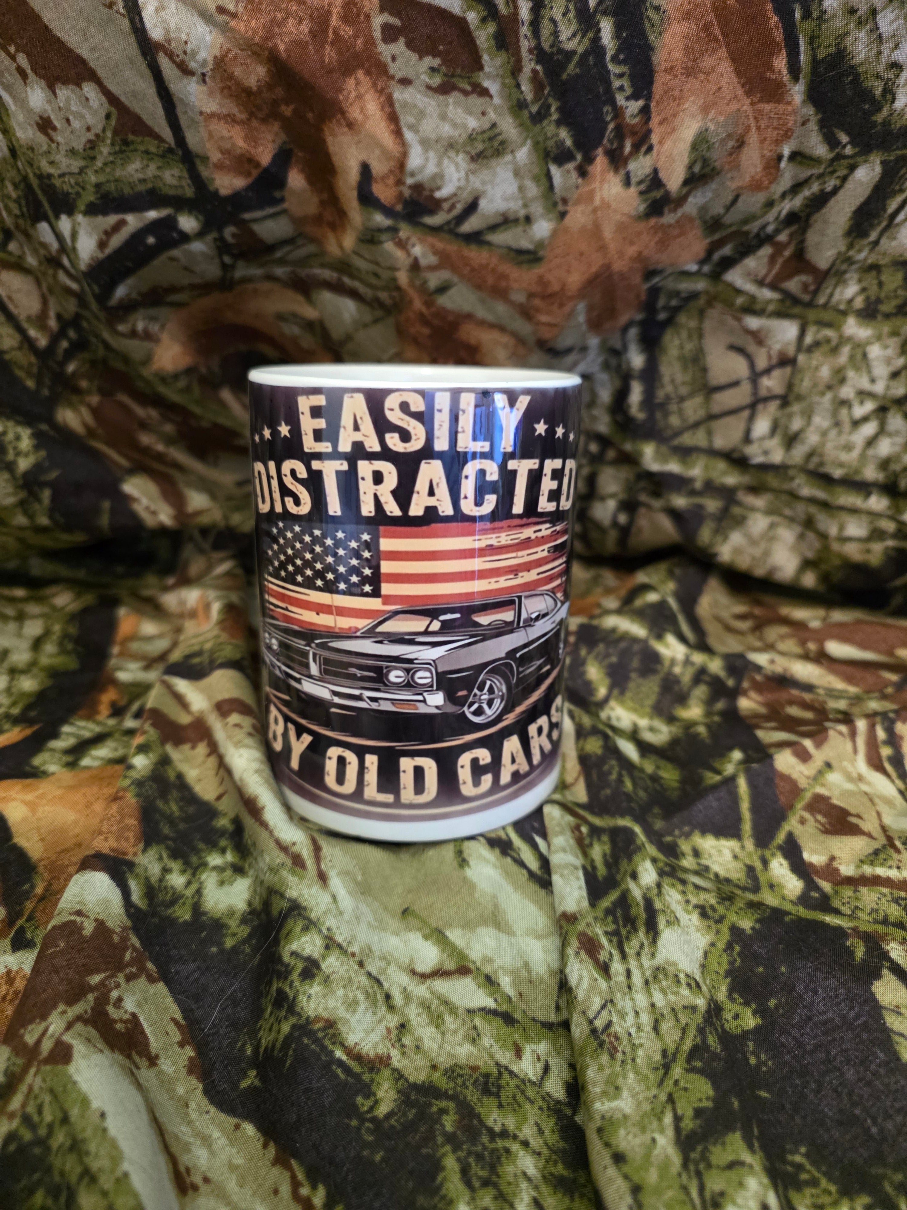 Easily Distracted by Old Cars 15oz Coffee Mug – Patriotic Classic Car Mug