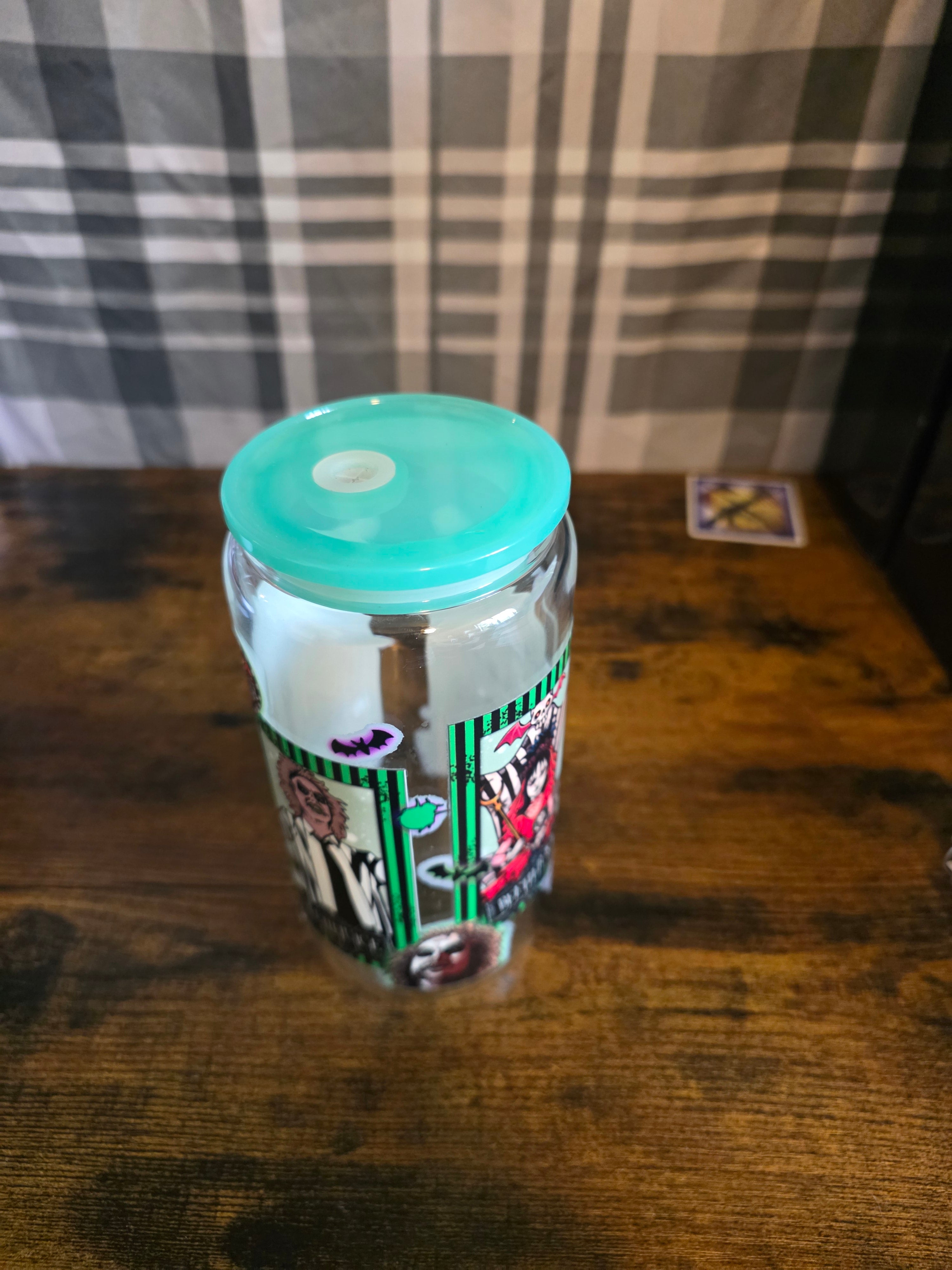 16 oz Glass Can Cup – Ghostly Black & White Halloween Inspired Design – Bamboo Lid & Glass Straw