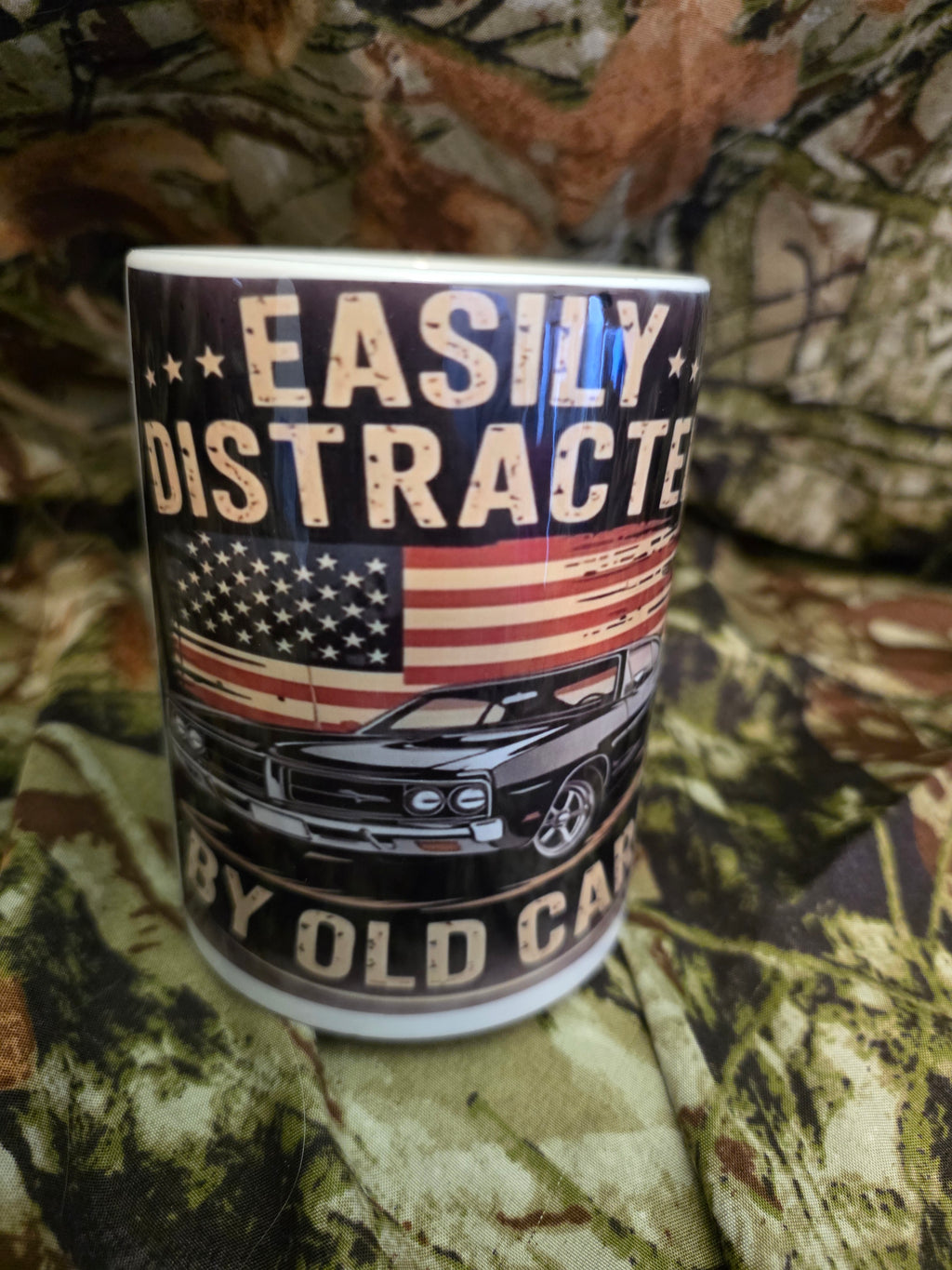 Easily Distracted by Old Cars 15oz Coffee Mug – Patriotic Classic Car Mug