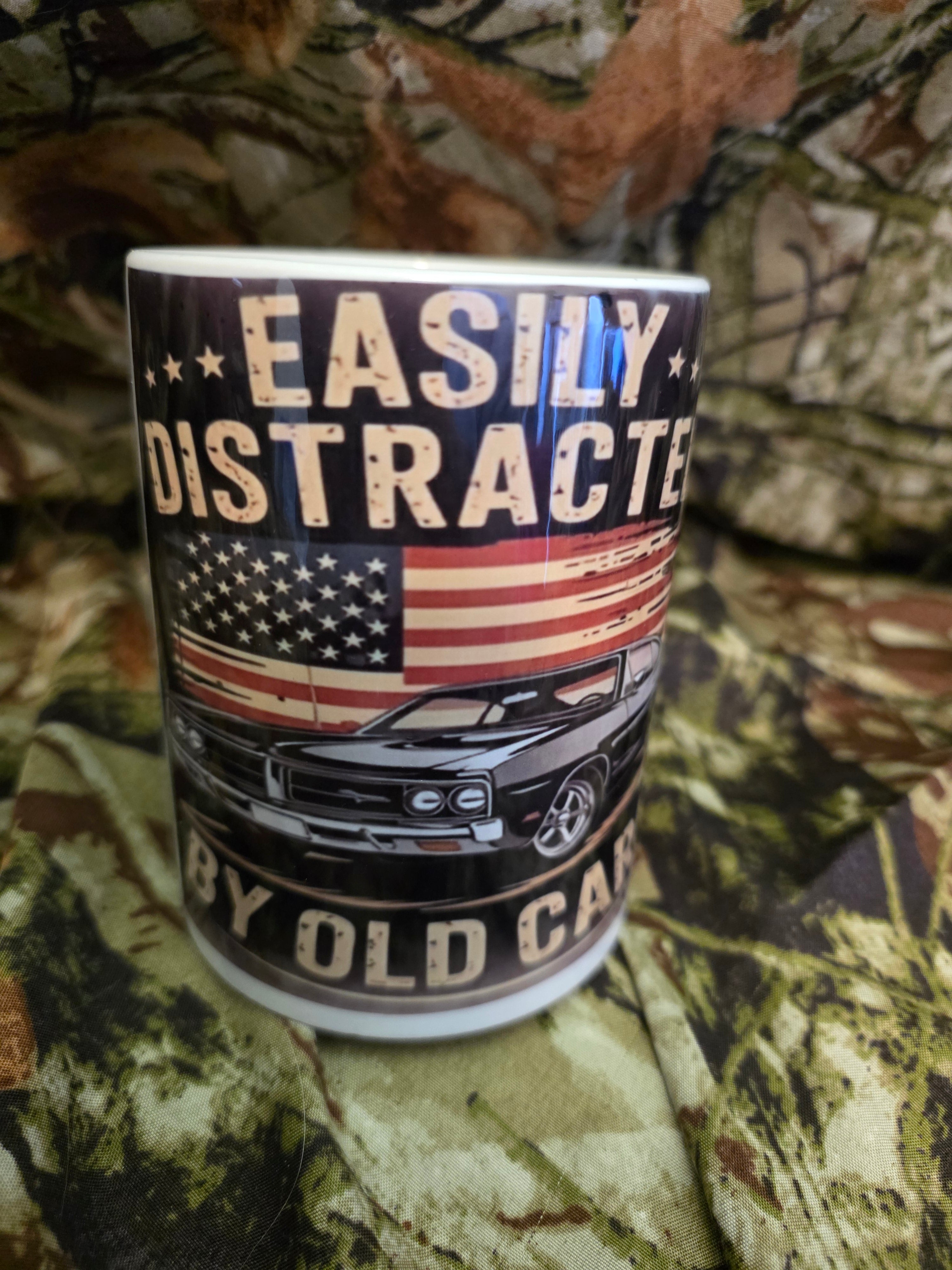 Easily Distracted by Old Cars 15oz Coffee Mug – Patriotic Classic Car Mug